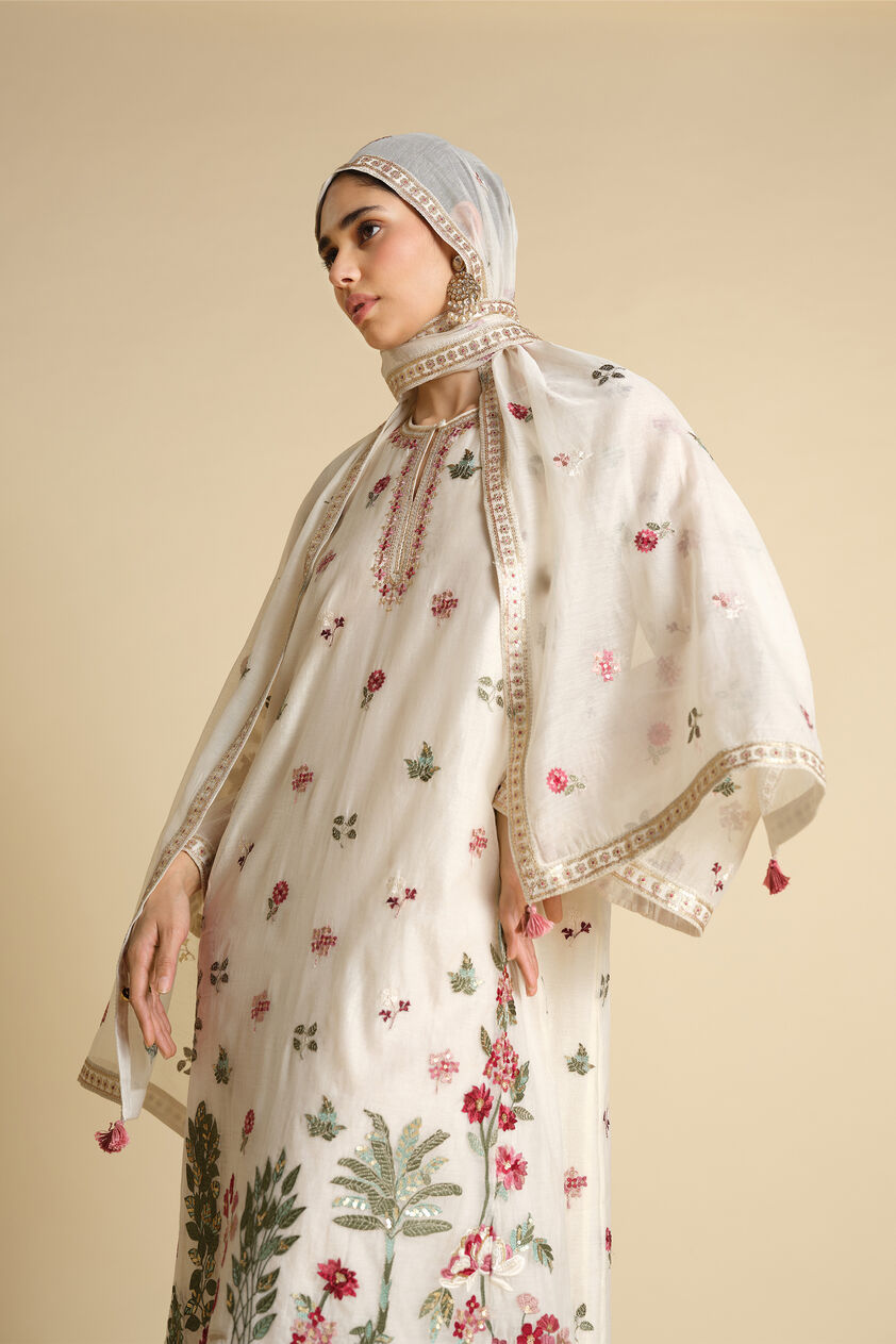 Marzun Embroidered Mul Stole - Ivory, Ivory, image 2
